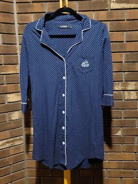 Lauren Ralph Lauren Blue Polka Dot Button-Down Nightshirt - Size Small